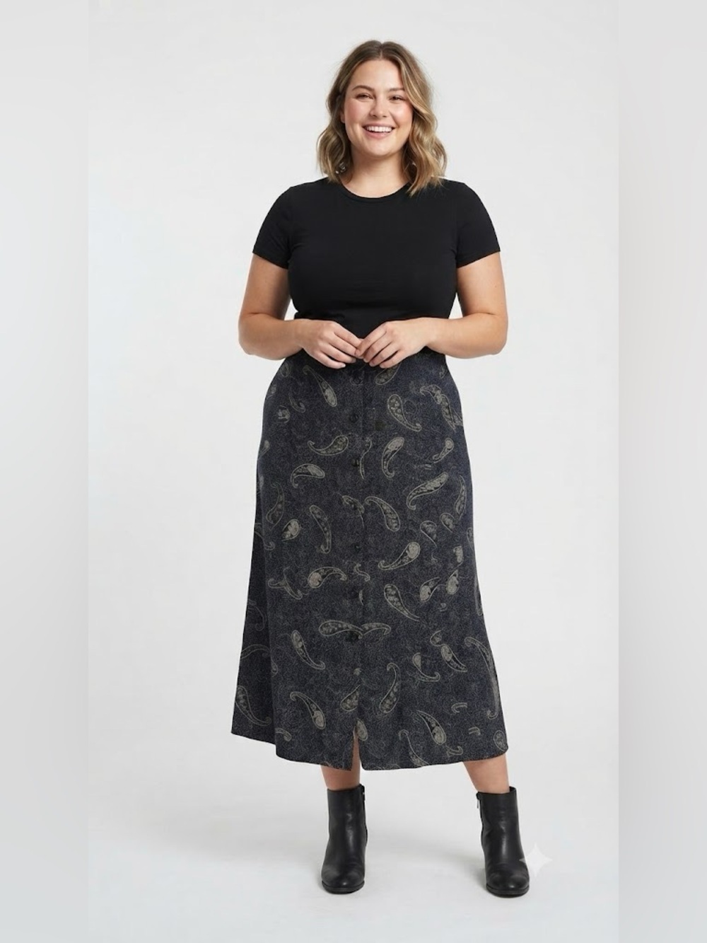 Paisley A-Line Midi Skirt in Charcoal